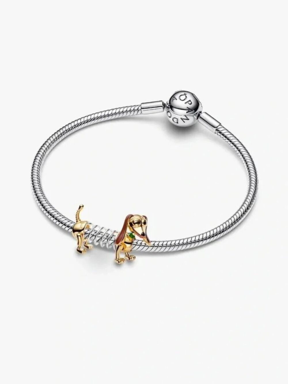 Pandora Silver Bracelet with Gold and Brown Dachshund Charm